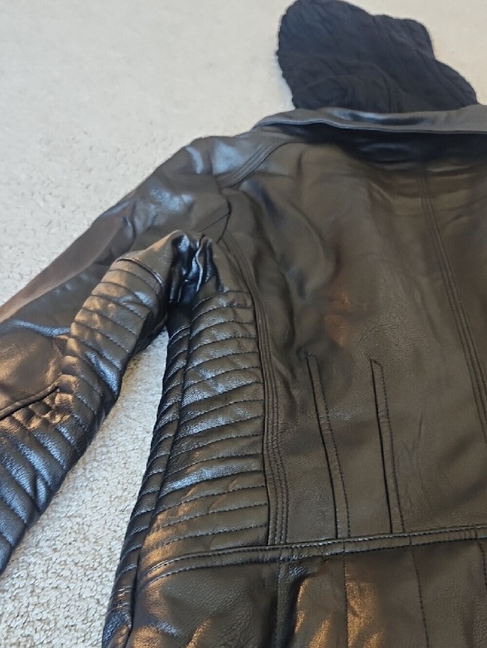 Guess Black Faux Leather Hooded Jacket with Quilted Panels - Picture 11 of 13
